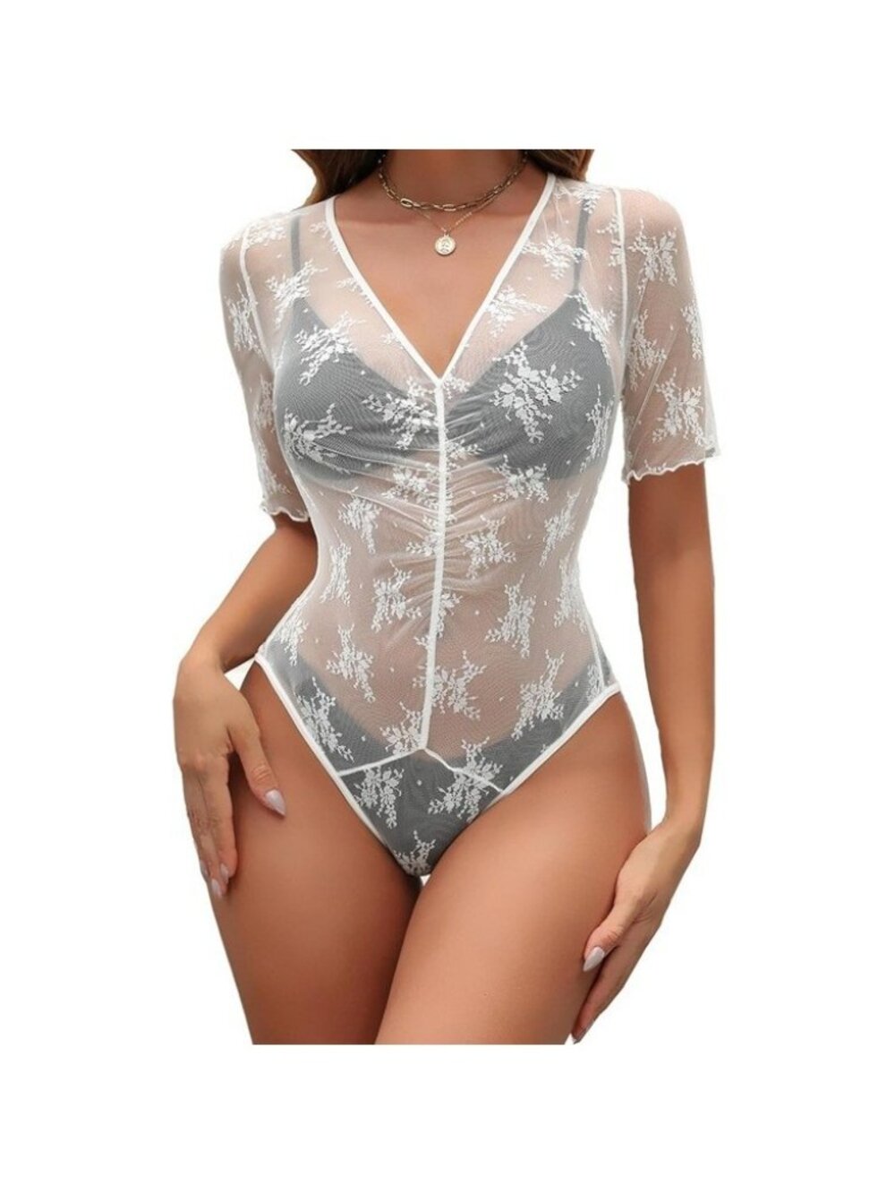 Mesh Bodysuit Women V Neck Short Sleeve Body Suit Sheer Top Lace White Small